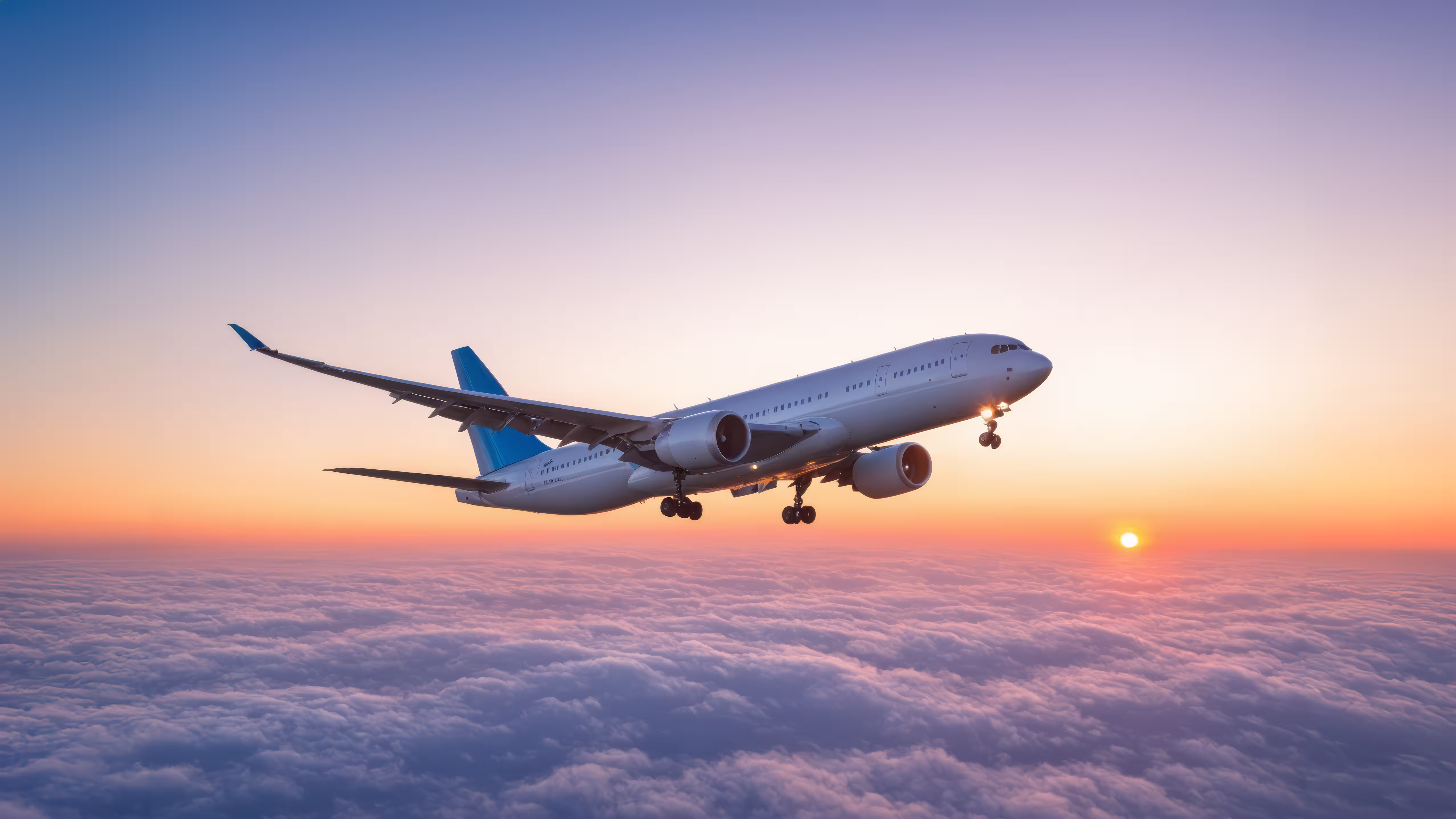 Airplane flying at sunset