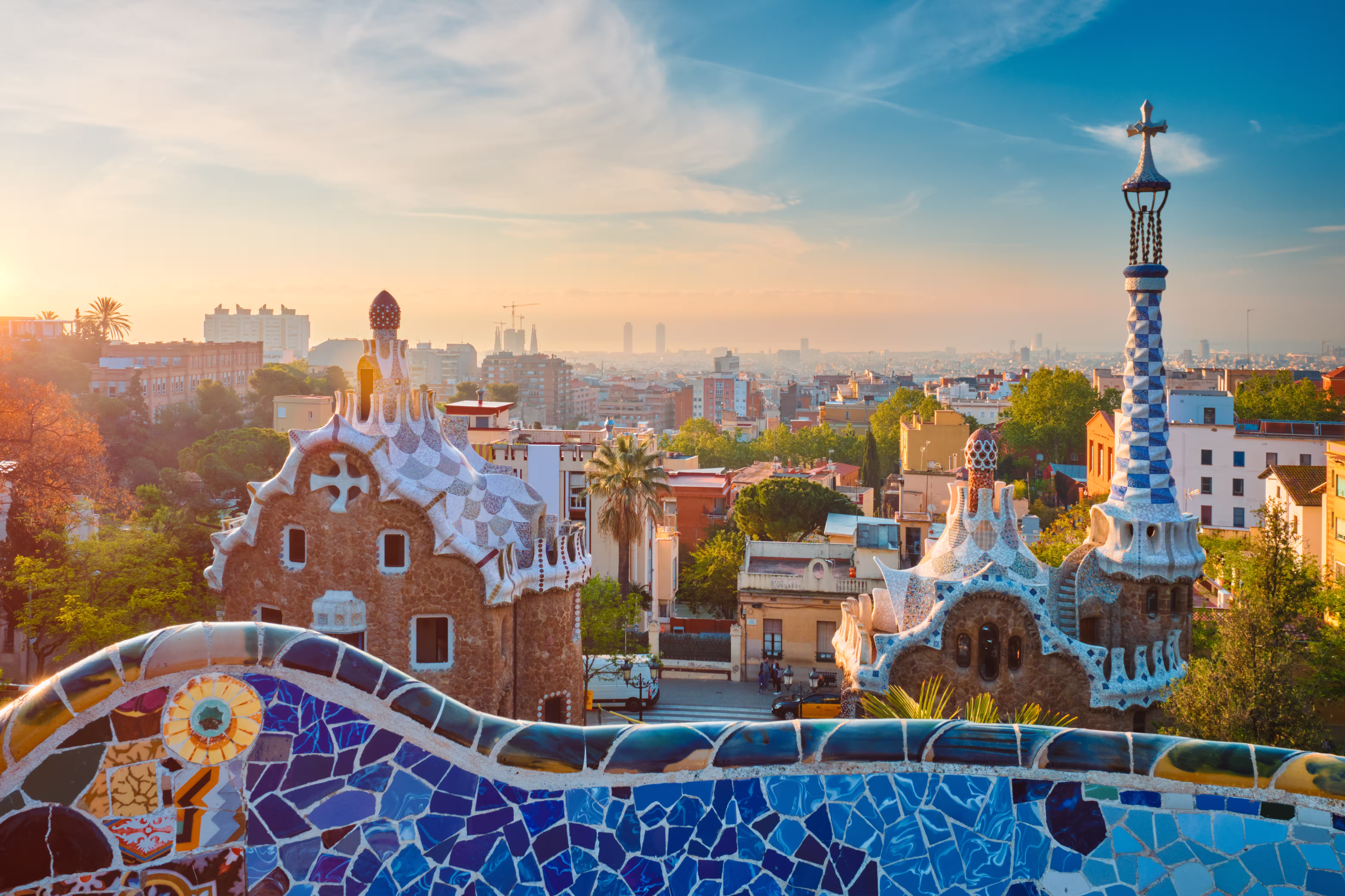 Barcelona city view from Park Güell at sunrise