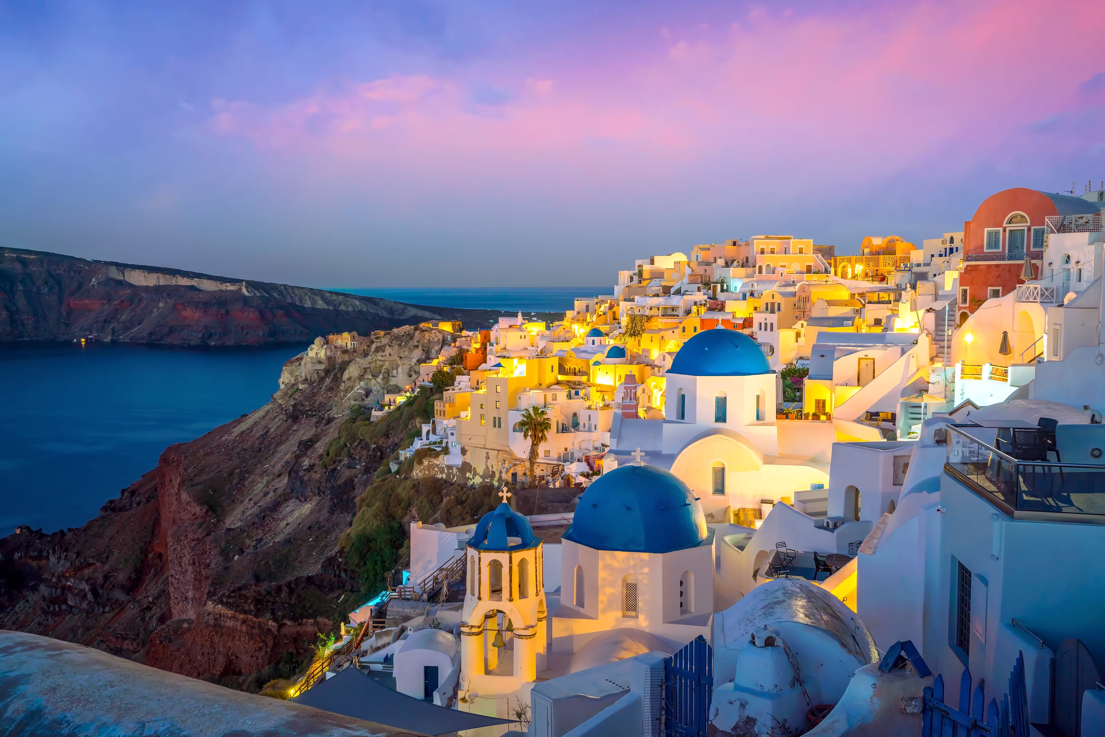 oia town cityscape santorini island greece sunset