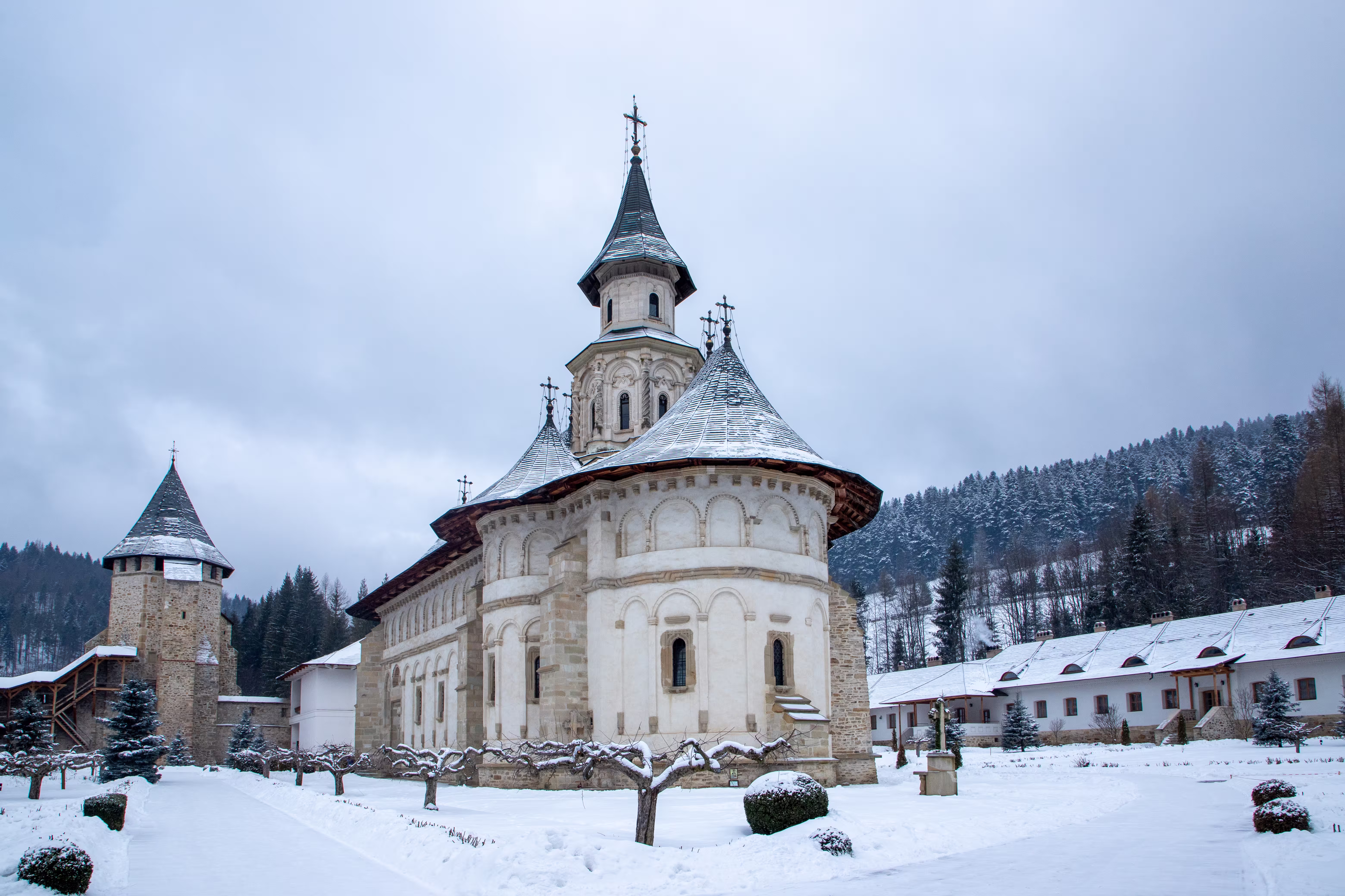 Putna Monastery church in Romania during winter
